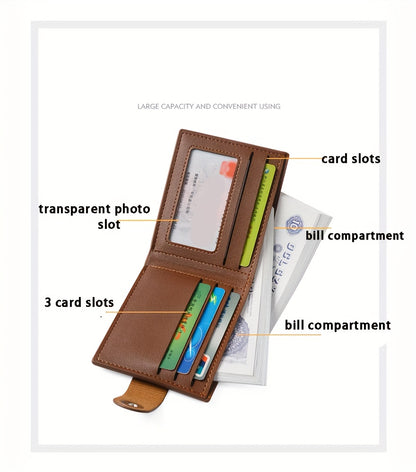 European Style Men Wallet Secure Button Business Short Model with Large Capacity Multi-Card Slots PU Wallet Trendy Youth Fashion