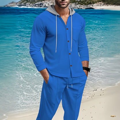 Men'S Lightweight Hooded Cardigan - Long Sleeve Sweater Jacket, Button-Front Closure, Light Grey Casual Outerwear for Office, Casual Attire - Breathable Fall/Spring Layering Essential, Sweater Cardigan, Waffle Texture, Durabl