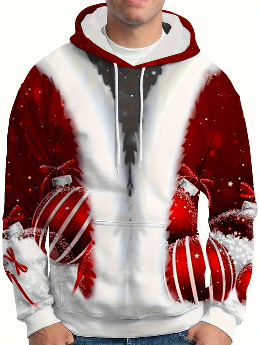 Plus Size Men's Funny Christmas Hoodie- Festive Santa Claus& Snowflake Print, Red& White Holiday Sweatshirt with Pockets, Casual Long Sleeve Pullover for Fall& Winter, Perfect Christmas Gift, Christmas Clothes, PLUS SIZE