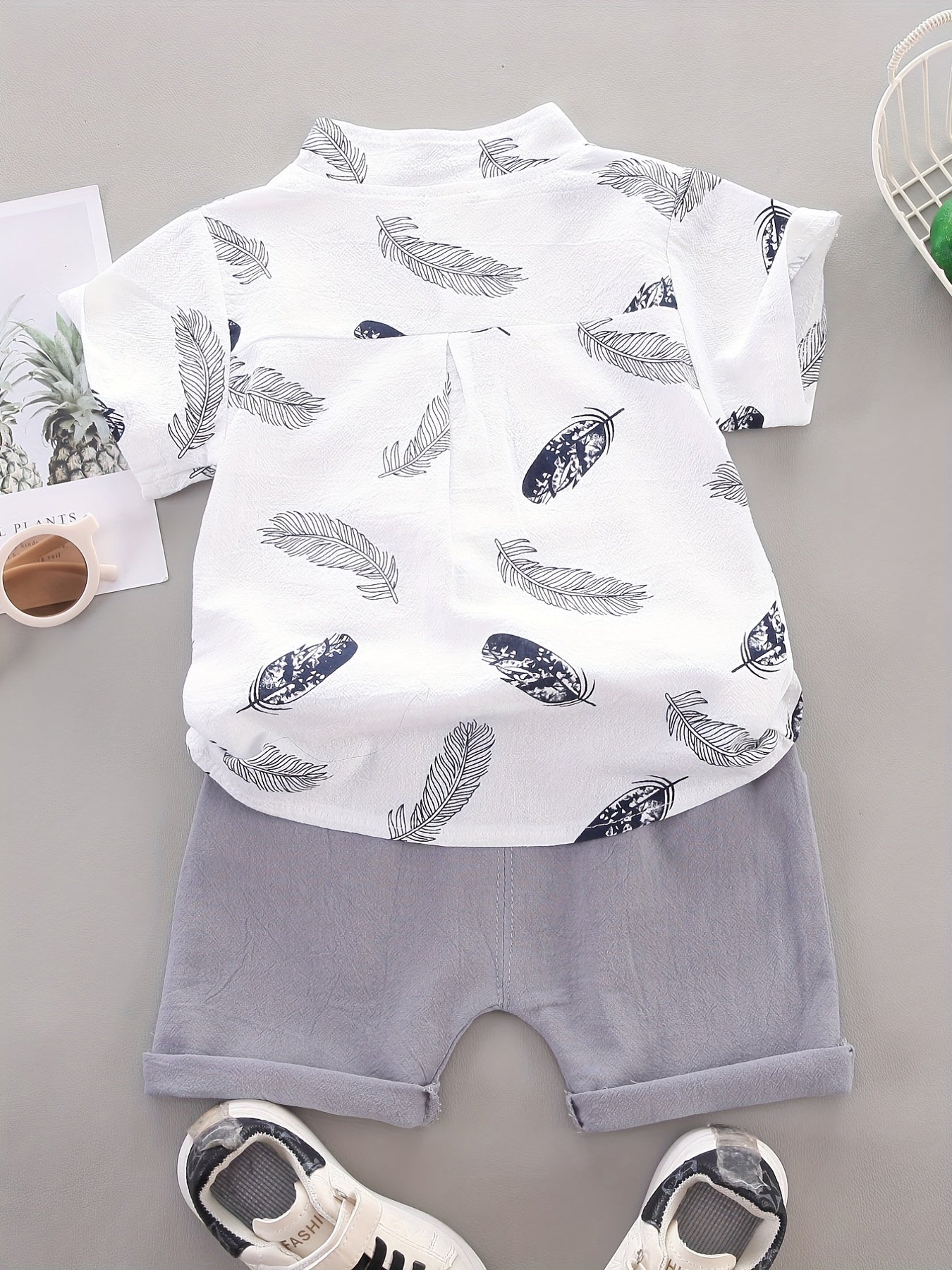 Baby Boys Cotton Feather Print Short Sleeve Shirt & Shorts Set