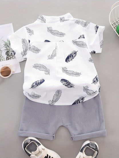 Baby Boys Cotton Feather Print Short Sleeve Shirt & Shorts Set