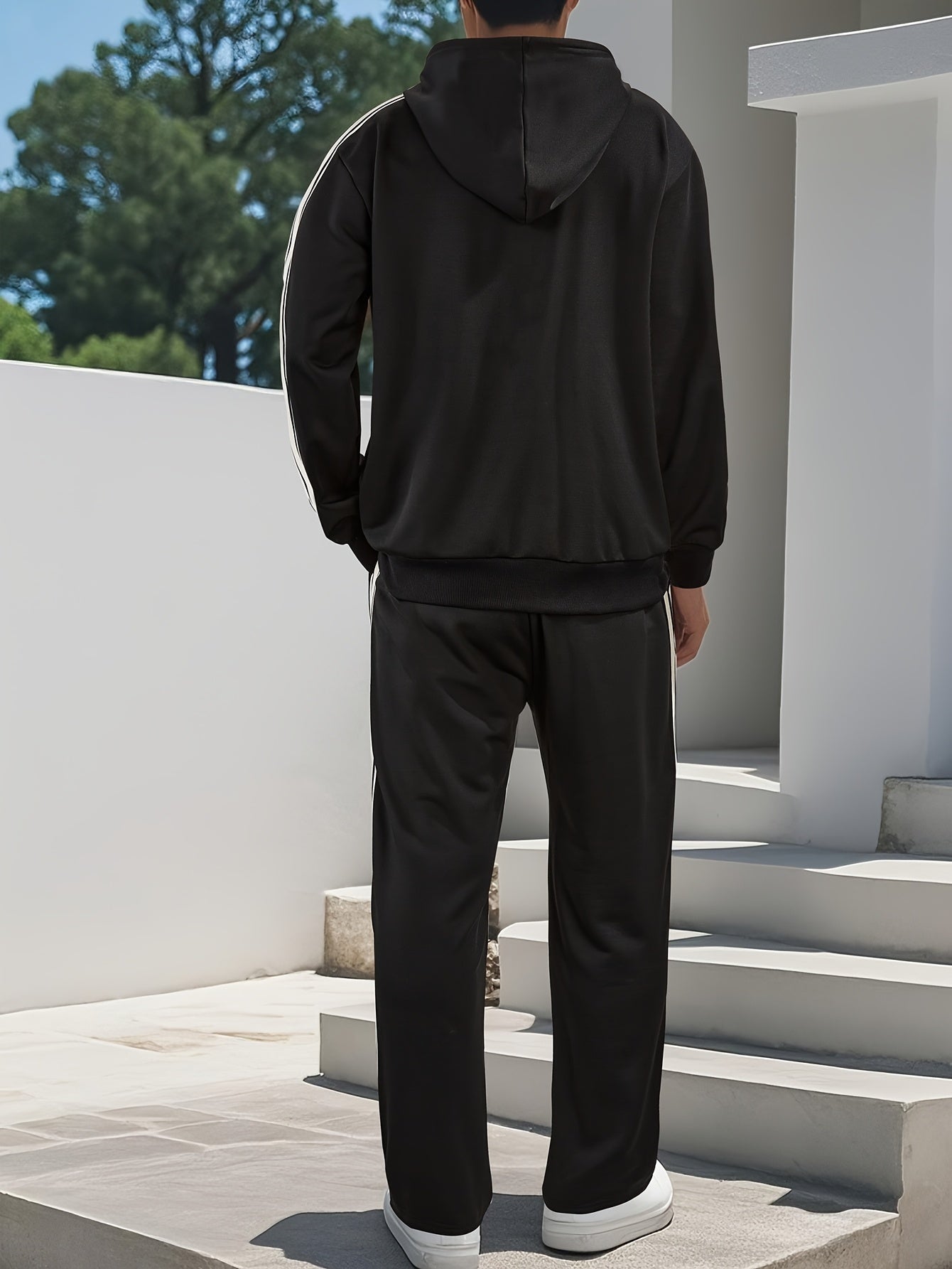 New Cross-Border Casual Sportswear Set of 2pcs, Hooded Zipper Cardigan Jacket Is Easy And Easy to Match, Side Striped Sweatpants Hide Meat And Show Long Legs, Daily Commute, Full of Comfort, Black Main Tone + Side Stripes