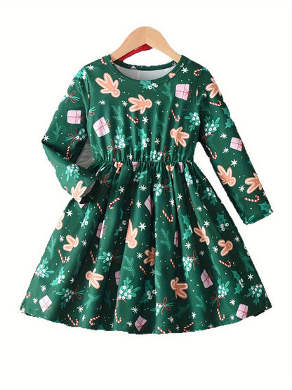 Girls' Christmas Party Dress - Elegant Green & Red Holiday Outfit with Gingerbread Children, Ruffled Hem & Waist - Long Sleeve Formal Party Dress for Christmas, New Year, Birthday - Machine Washable Girls' Clothing, Christmas