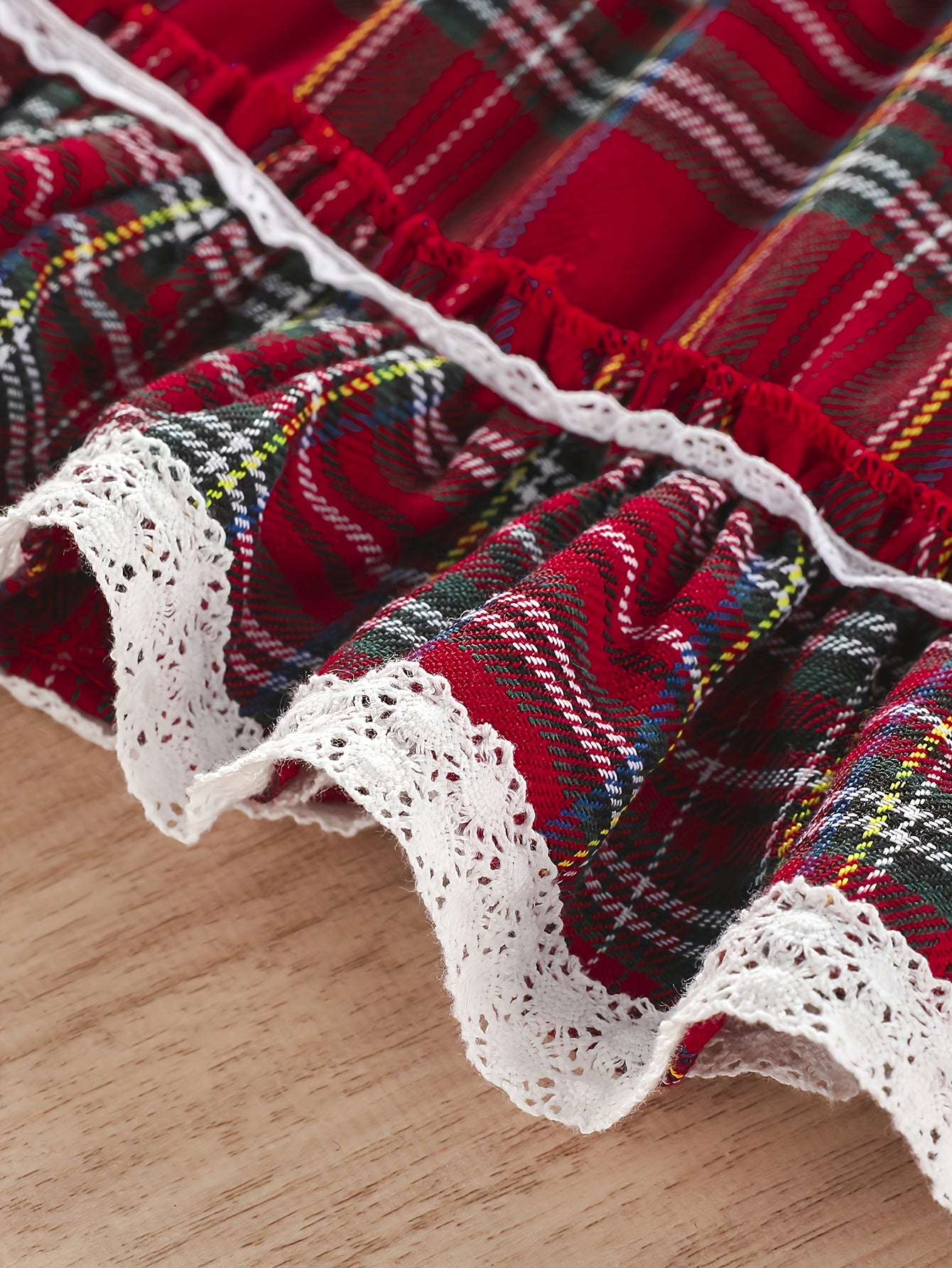 Girls' Plaid Tartan Puffed Sleeve High-Low Neck Ruffled Hem Dress with Ruffled Collar & Lace Trim - Plaid Princess Party Dress with Skirt, Machine Washable Winter Formal & Everyday Outfit for Christmas, New Year's, Easter - S