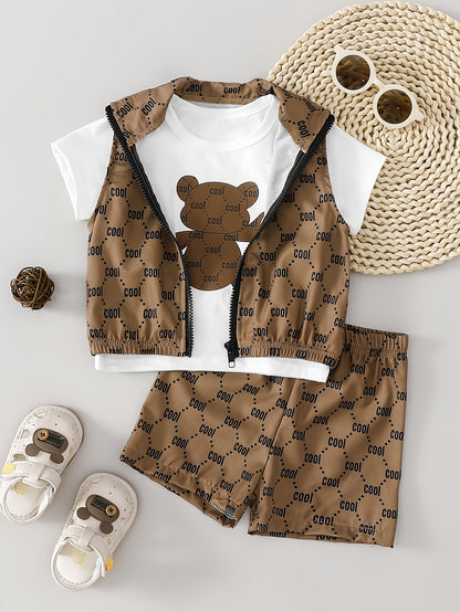 Boys' Summer 3-Piece Alphabet Print T-Shirt & Shorts Set