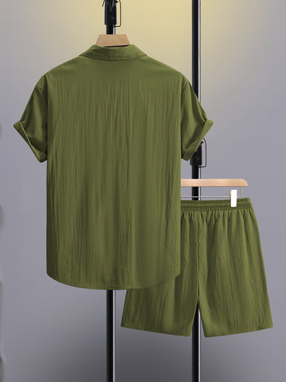 Men's Summer 2pcs Set: Casual Fashion Beige Short Sleeve Collared Shirt & Drawstring Shorts - Lightweight Blend, Ideal for Beach Vacations