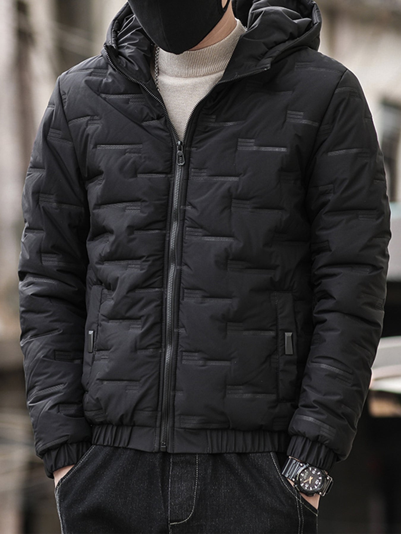 1pc Men's Heavy-Duty Winter Jacket with Hood - Stand Collar & Zippered Pockets, Grey/Black & White, Machine Washable Cold Weather Coat for Skiing, Snowboarding, Outdoor Activities (-Filled)