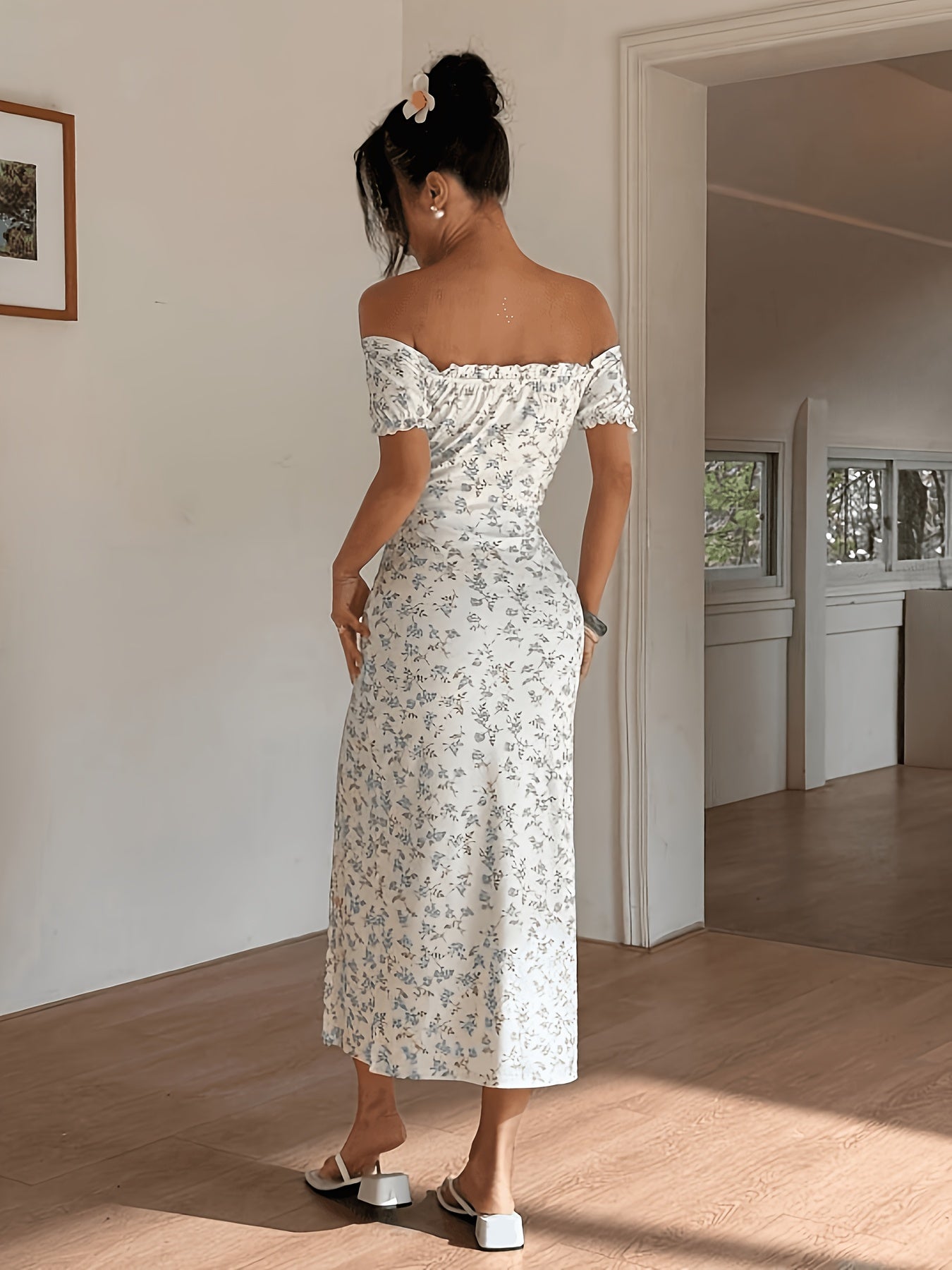 White Off-Shoulder Midi Dress with Pink Floral Print, Sleeveless