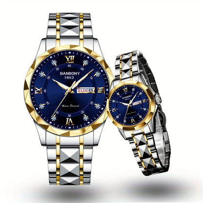 2pcs Couple Watch BANBONY Brand Trendy Fashion Men's and Women's Quartz Watch Stainless Steel Strap with Rhinestone Luminous High-definition Disc Waterproof Night Light Display Week Calendar Display Wristwatch Holiday Gift fo