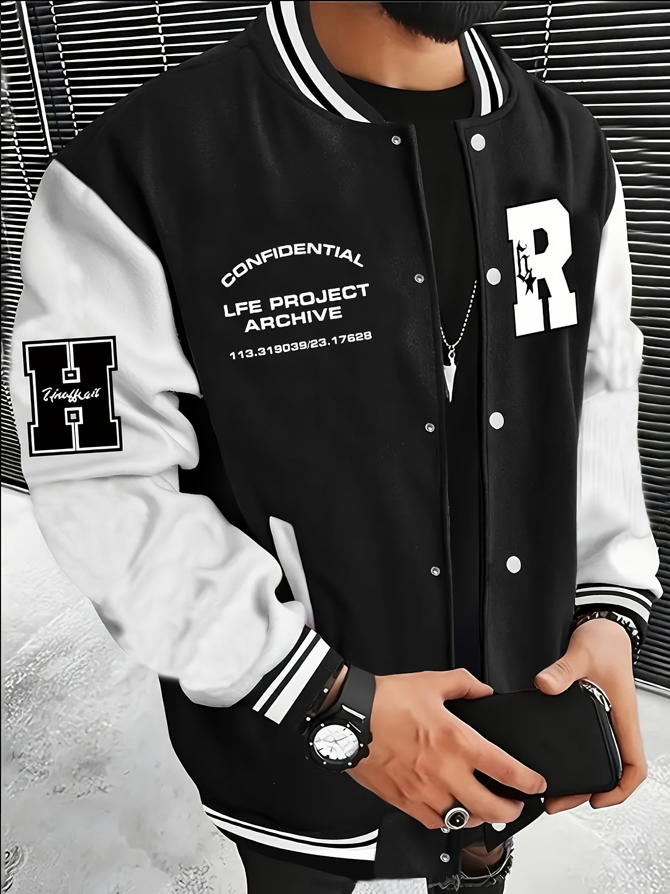 Men's Fashionable R-Letter Patchwork Casual Street Style Baseball Jacket - Polyester, Maroon & Black with White Stripes, Button Closure, with Pockets