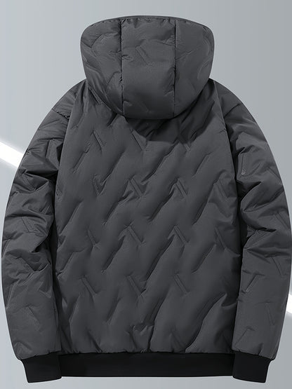 Men's Casual Winter Jacket - Thick Fleece-Lined, Windproof Hooded Coat with Embossed Design, Zip-Up, Solid Color