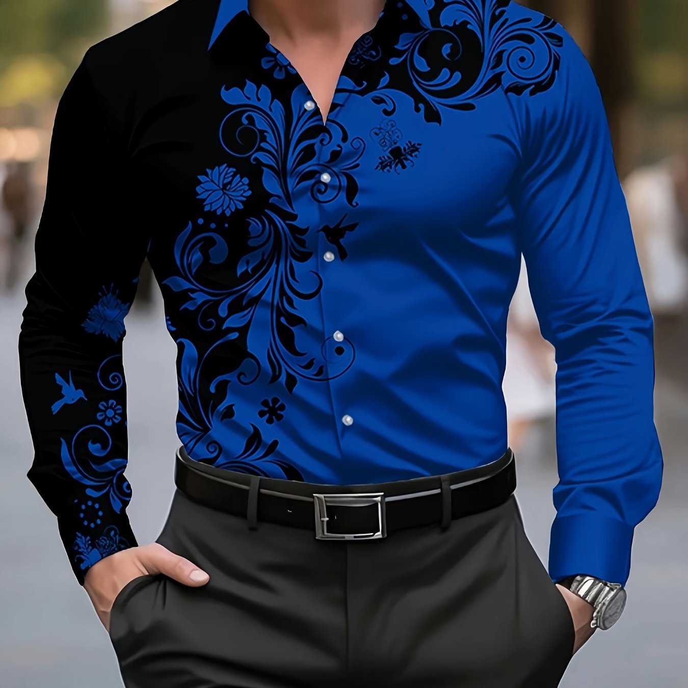Men'S Casual Floral Print Dress Shirt - Black & White Swirl Design, Button-Up Collar, Long Sleeve, Regular Fit for Spring/Fall, Versatile for Casual & Formal Wear, Spring Fashion, Nonelastic Fabric, Elegant Shirt For Men, Lon