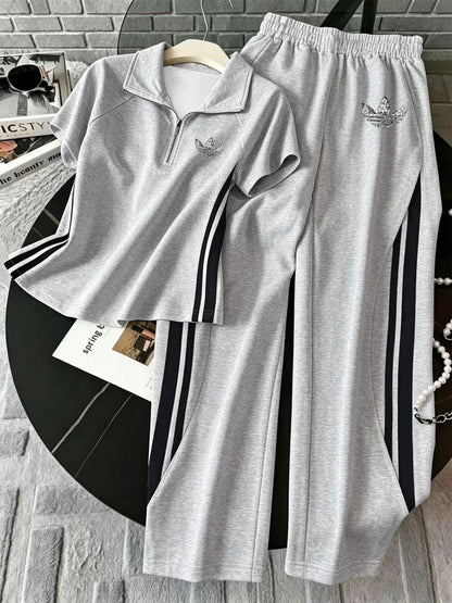 Retro Polo Neck Top & Wide Leg Pants Set with Side Stripe