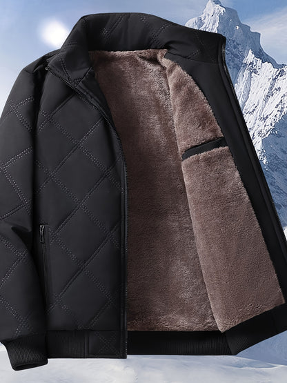 Men's Quilted Fleece Jacket with Stand Collar & Full-Zip Closure - Thick Winter Coat, Black/Brown & Warm Lining, Casual Outdoor Winter Wear for Skiing,, Cold Weather (Hand Wash/Dry Clean)