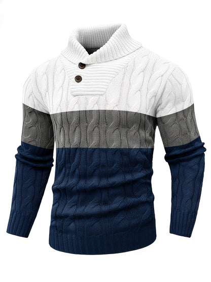 Men's Business Style Color-Block Sweater, Fashionable Trendy Spliced Large Lapel Pullover, Versatile Button-Design Sweatshirt