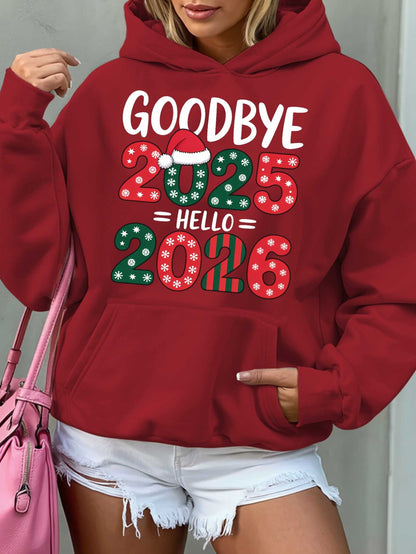 Women'S Hoodie - Goodbye 2025 Hello 2026 Sweatshirt with Christmas Countdown Design, Beige Pullover Hoodie, Front Pocket for Fall/Winter, Cozy Long Sleeve Sweater for New Year'S Eve & Everyday Winter Outfits - Perfect Gift fo