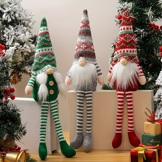 3pcs Striped Long-Leg Knitted Hat Gnome Figurines, Red-Green-Gray-White Color Scheme, Perfect for Christmas Decorations, Thanksgiving, New Year, Home & Hotel Holiday Atmosphere Display, Christmas Decoration Outdoor, Christmas