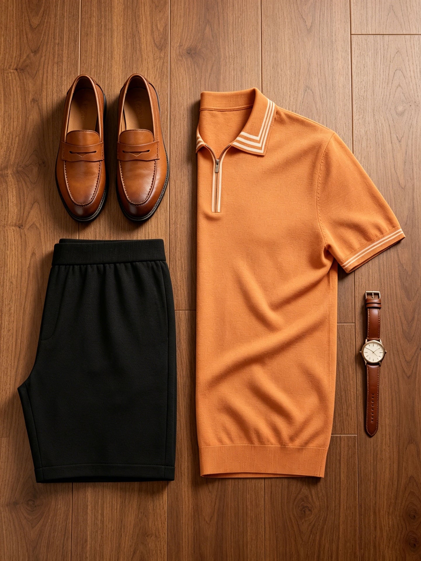 Men's Casual Striped Knit Polo & Lightweight Shorts Set