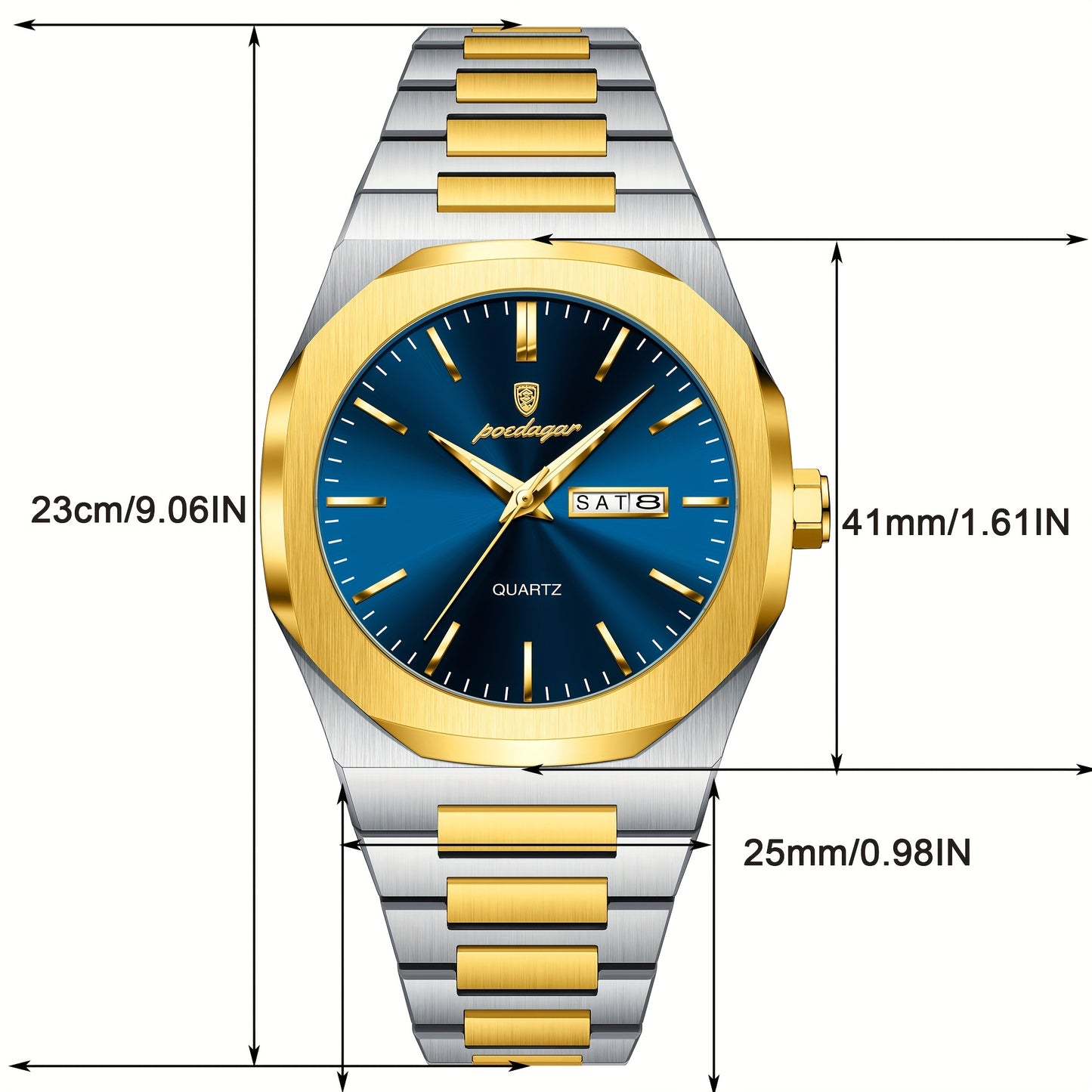 POEDAGAR Men'S Luxury Quartz Watch - Waterproof, Luminous Calendar, Stainless Steel Band, Business Style, Blue & Golden Accents, 3ATM, Non-Rechargeable Button Battery, Perfect for Spring Festival & Valentine'S Day Gifts