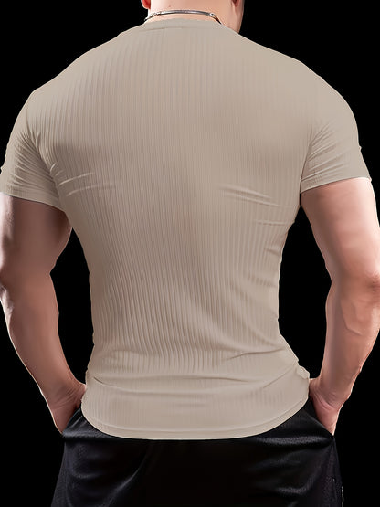 Men's Slim Fit Ribbed Short Sleeve T-Shirt - Stretchy Athletic  Casual Wear, Green, Round Neck, Machine Washable, Muscle-Enhancing Design, Gym Shirts