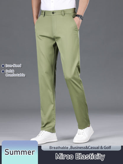 Men's Solid Color Straight Leg Business Style Cotton Blend Pants, Casual Comfy Breathable Outdoor Trousers As Gift