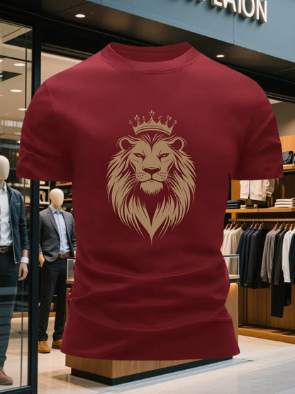 Men's 100% Cotton Crew Neck Short Sleeve T-Shirt with Regal Lion Crown Graphic Print - Navy Blue Casual Comfort Fit, Machine Washable All-Season Versatile Top, Cotton T Shirts, Leisure Clothing, Creative Print Shirt, Soft Tex
