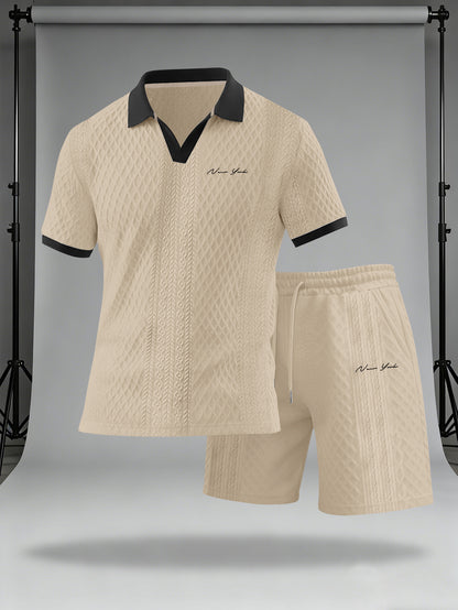 Men's Casual Summer Knitted Polo Set with Geometric Pattern