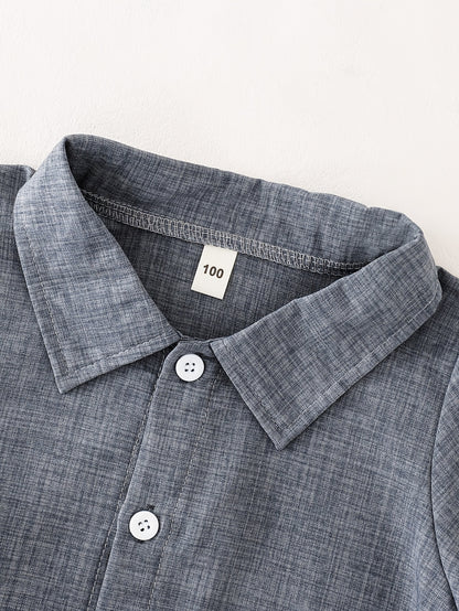 Boys' Summer Button-Up Shirt & Shorts Set - Casual Solid Color