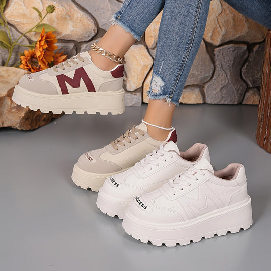 Women's Casual Lace-Up Sneakers - Breathable, Thick Sole, Round Toe, Faux Cover - White, High Top Sneakers