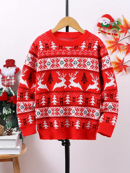 1pc Men'S Christmas Sweater, Festive Holiday Knit Pullover with Reindeer & Tree Pattern, Warm Long Sleeve Round Neck Top for Autumn/Winter, Casual Everyday Wear