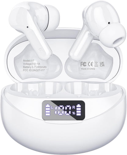 Wireless Earbuds Bluetooth Headphones 50H Playback Ear Buds with IPX7 Waterproof, HD Microphone, LED Display for Iphone and Andriod White