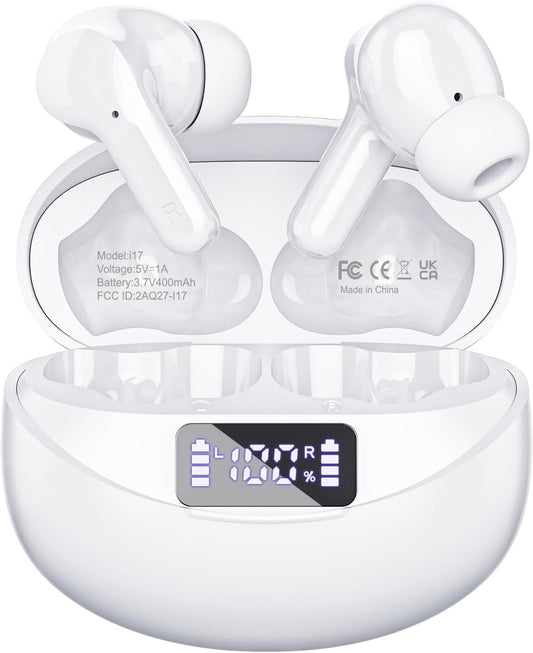 Wireless Earbuds Bluetooth Headphones 50H Playback Ear Buds with IPX7 Waterproof, HD Microphone, LED Display for Iphone and Andriod White