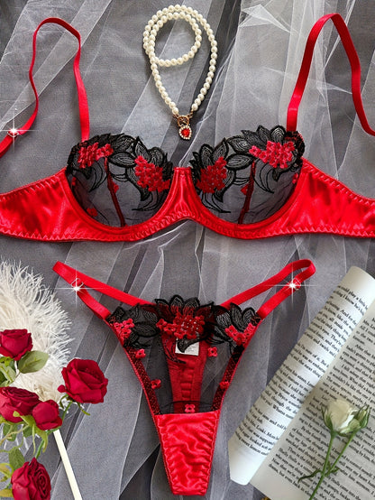 Women'S Floral Embroidery Mesh Bra and Panty Set, Sexy See-Through Lingerie, Medium Support Knit Fabric, Polyester 95% Elastane 5%, Party Style, Adult Romantic Underwear for Dating & Parties