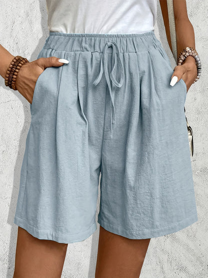 Women'S Casual Blend Shorts, Solid Color, Regular Fit, Non-Stretch Woven Fabric, with Faux Drawstring Detail, for Spring/Summer/Fall - Daily & Vacation Style