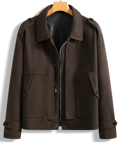 Men's Stylish Autumn/Winter Warm Polyester Casual Jacket with Lapel Collar, Zipper Closure, and Pockets - 100% Polyester Solid Color Loose Fit Coat