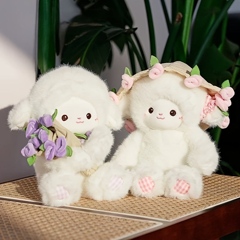 Adorable Plush Doll of a Cartoon Sheep Holding a Flower, Featuring a Fluffy Simulation Lamb Design. This Cute Kawaii Animal Plush Toy Makes a Perfect Birthday Gift