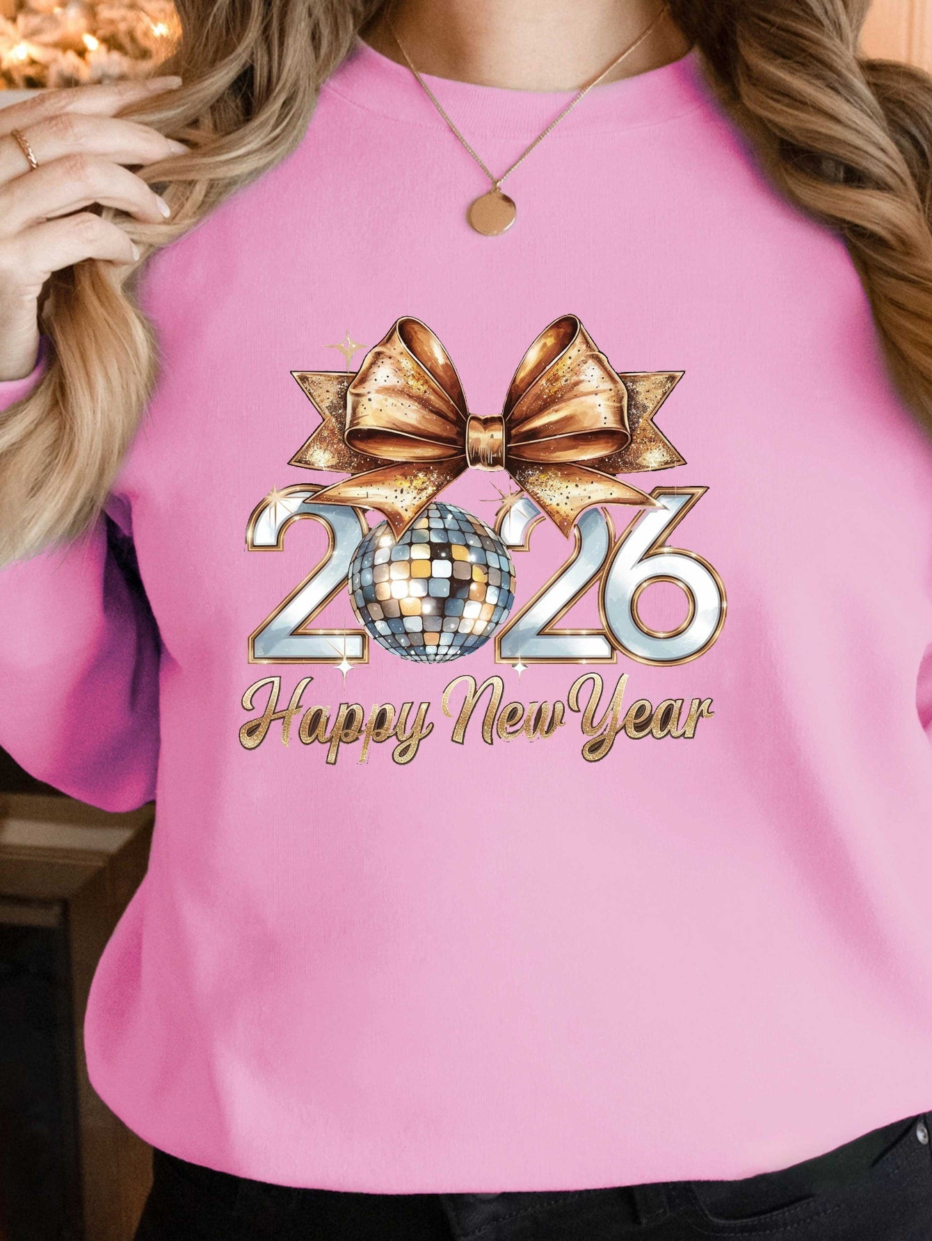 Women'S 2026 Happy New Year Disco Ball Sweatshirt - Black with Golden Glitter & Bow Graphic, Cozy Round Neck Long Sleeve Casual Pullover for Winter, Festive Party Outfit & Casual Attire, New Year Shirt, Yorkshire Terrier Swea