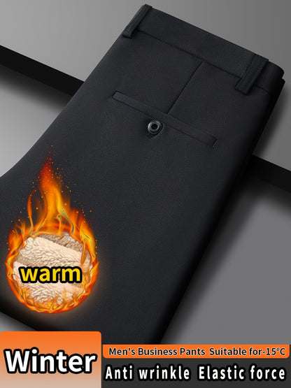 Men'S High Waist Solid Color Straight Leg Business Pants with Pocket Details, Polyester and Elastane Blend with Viscose Lining, Elastic Stretch, Zipper Fly Closure, Suitable for Fall/Winter Workwear