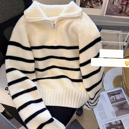 Striped Color Block Collared Sweater for Women Autumn Winter New Arrival Thick Half Zip Loose Soft Knit Top