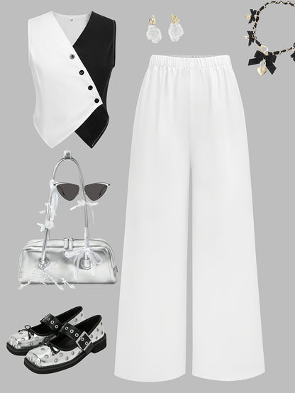 Girls' Summer Color Block Vest Top & Wide-Leg Pants Set