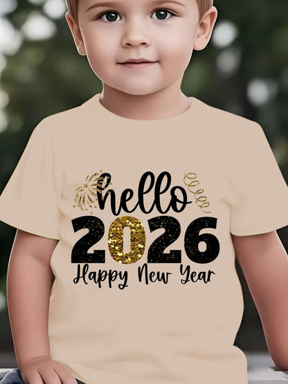 Boys' 2026 New Year'S Eve Party T-Shirt - Hello 2026 Happy New Year Fireworks Print with Golden & Lettering - Lightweight Summer Tee for Birthday Party Outfit, New Year'S Eve Celebration - Easy-care Kids Shirt, New Year T Shi