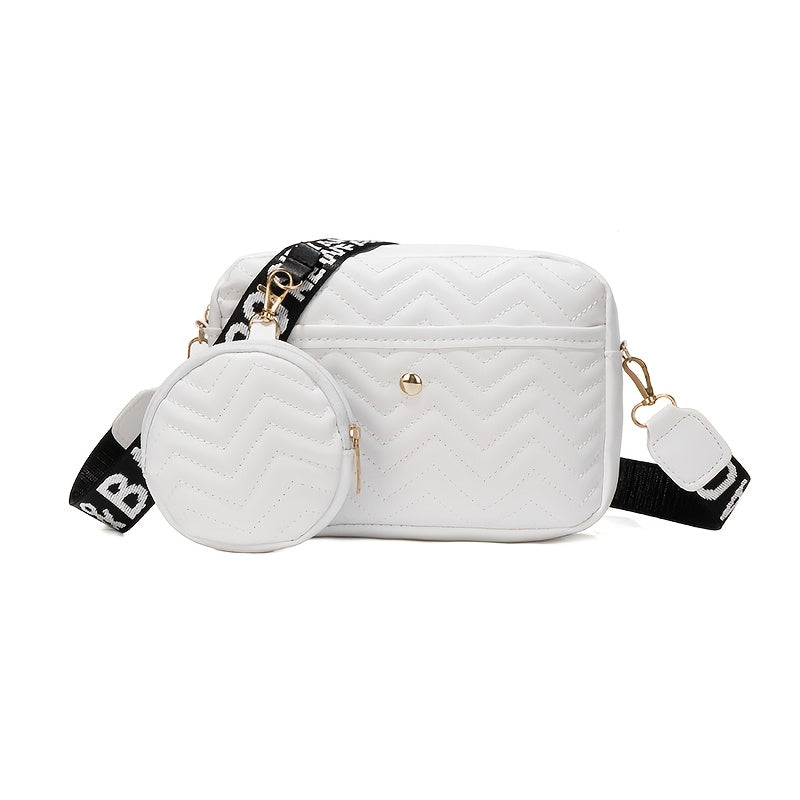 New Quilted Shoulder Bag, Casual Zipper Crossbody Bag, V-Pattern Two Piece Small Square Bag, Shoulder Bag with Zero Wallet, Letter Shoulder Strap, Coin Wallet, Card Bag, Phone Bag, Camera Bag, Lipstick Bag, Key Bag(8.66*5.12*