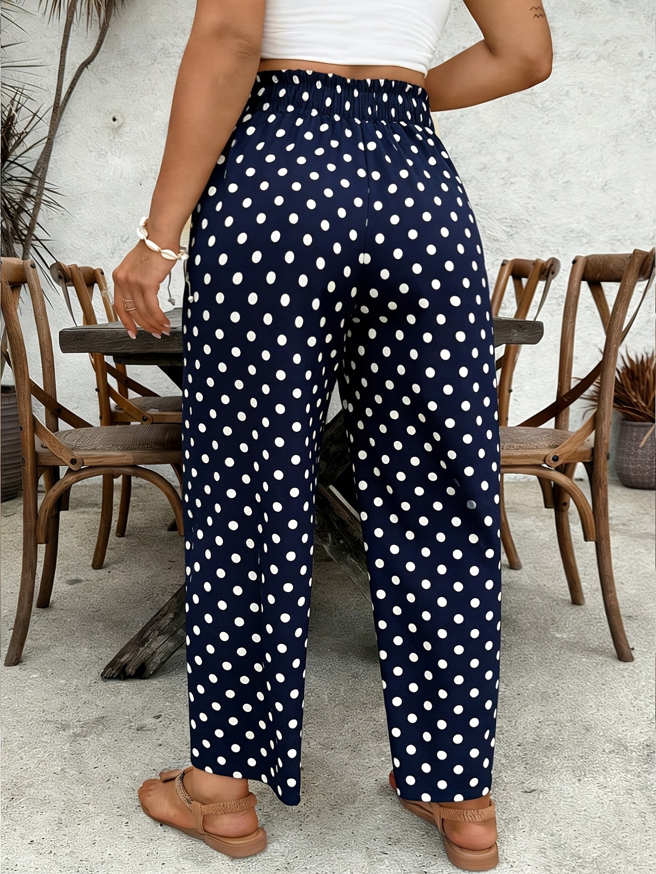 Women's Elegant Polka Dot Stretch Waist Tapered Pants