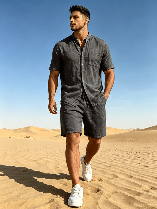 Men's Linen Blend Short Sleeve Shirt & Shorts Set - ayq