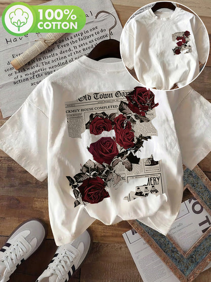 Women's Vintage Double-Sided Print Cotton T-Shirt, Casual Summer Top