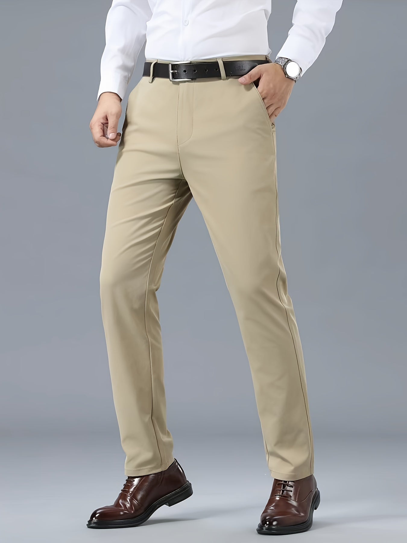 Men's Classic Business Casual Pants - Polyester, Solid Color, Regular Fit for All Seasons