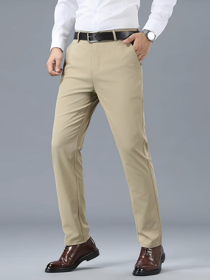 Men's Classic Business Casual Pants - Polyester, Solid Color, Regular Fit for All Seasons