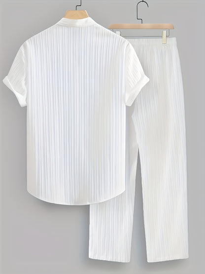 Men's Summer Casual Polyester Set with Stand Collar Shirt & Pants