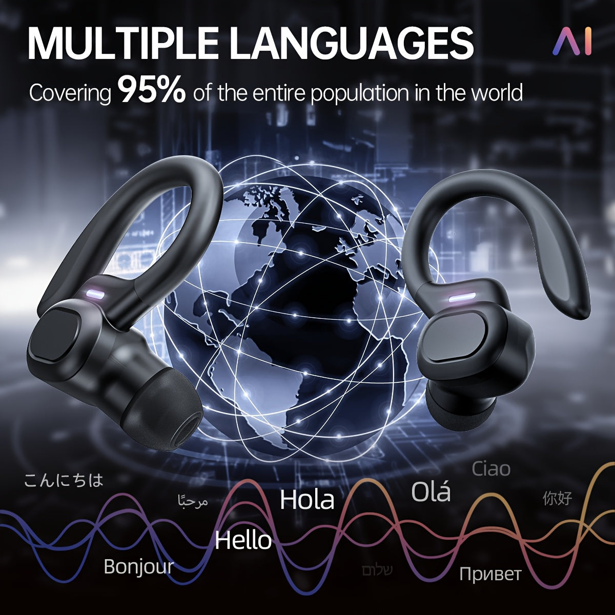 LIFEBEE Real-Time Multi-Language Translation TWS Sports Earbuds, True Wireless Ear Hook Headphones with Microphone, Wireless Connectivity, Volume Control, USB Rechargeable - Ideal for Workout & Daily Use, Wireless Earbuds