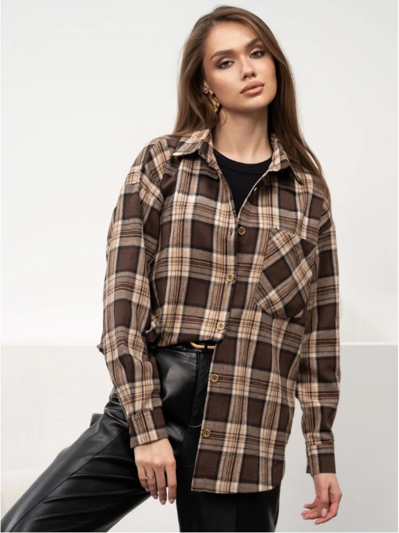 Plaid Long Sleeve Women's Casual Blouse with Lapel Collar